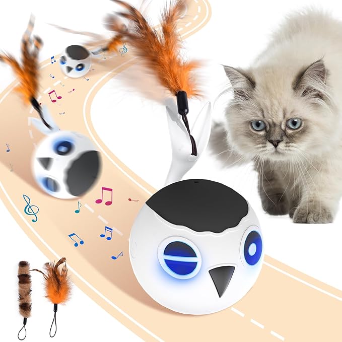 ORSDA Cat Ball Toys, Interactive Cat Toy for Indoor Bored Indoor Cats Kitten Toys, Automatic Electric Bird Moving Ball Toy, 4 Mode Voice & Touch Control Rolling Chirping Stimulating, 2 Feather Tails-Mewly Pet