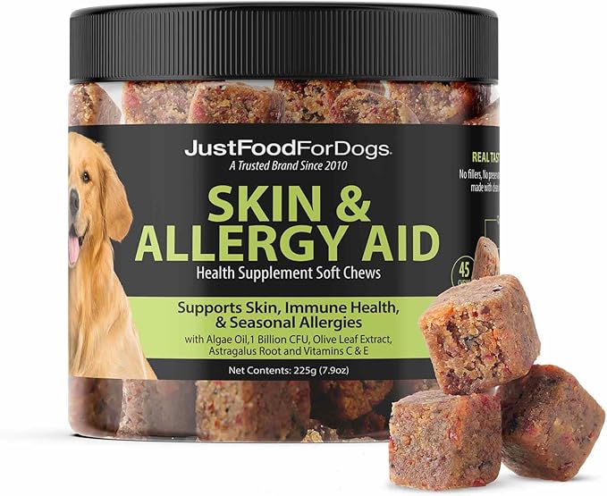 JustFoodForDogs Skin & Allergy Care Soft Chews Supplement for Dogs, Seasonal Allergies, Itchy Skin Relief, Inflammation, Immune Support - 45 Count-Mewly Pet