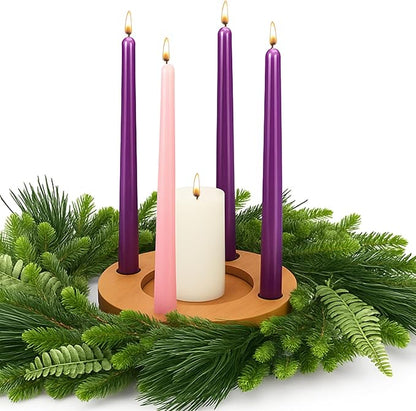 Mumufy 6 Pcs Advent Candle Holder Set Nativity Christmas Centerpiece Religious Decorations Rustic Wooden Advent Candlestick Holders with Purple Pink Taper Candles for Thanksgiving Christmas Nativity