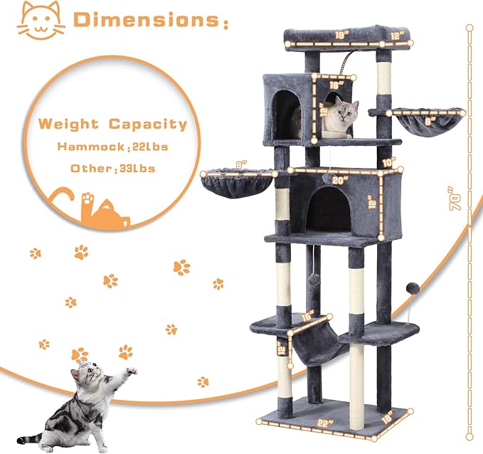 70-Inch Cat Tree,Large Cat Tree Tower with Hammock, Scratching Post, Condo and Multi-Level Cat Tower for Large Cats, Cat Activity Center Playhouse, Dark Gray LCT016-Mewly Pet
