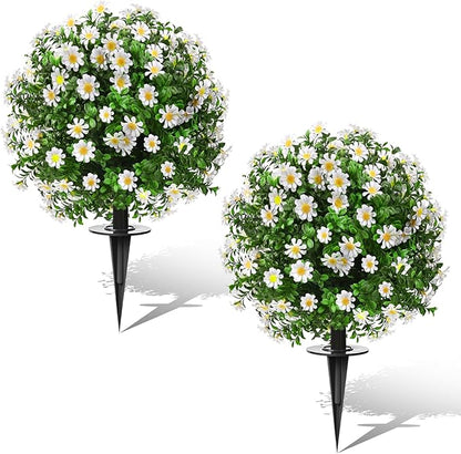 23" Set of 2 Artificial Boxwood Topiary Ball with Sunflower Flowers with Spikes for Outdoor, UV Resistant Faux Greenery Shrubs, Realistic Fake Bushes Plants for Garden, Yard, Front Porch, Patio Decor