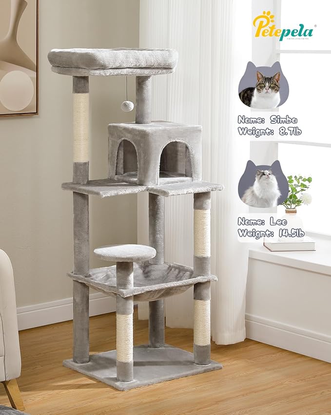 PETEPELA 56.3'' Tall Cat Tree for Indoor Cats, Multi-Level Cat Tower with Super Large Hammock (20''X16''), Sisal Covered Scratching Posts, Cozy Condo and Top Perch Grey-Mewly Pet