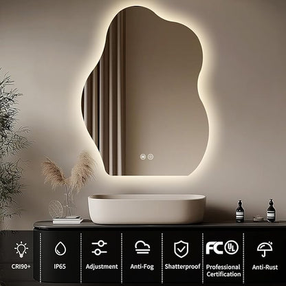 LED Bathroom Mirror with Lights 24x32, Stepless Dimmable Irregular LED Mirror with 3 Colors, Anti-Fog, Memory, Al-Alloy Lampshade, Frameless Makeup Mirror for Bathroom (Vertical Only)