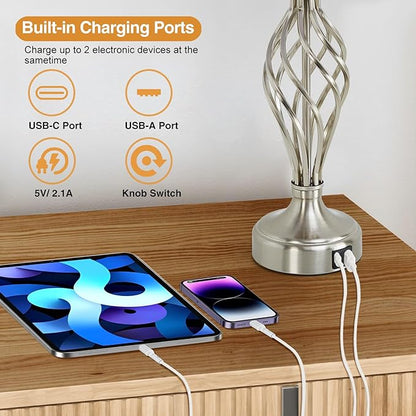 Table Lamp for Bedroom Set of 2 with USB C+A Ports, Modern Bedside Lamps with Spiral Cage Base, White Fabric Shade, Nightstand Lamp for Living Room Reading Bed Side End Table, 2 LED Bulbs Included