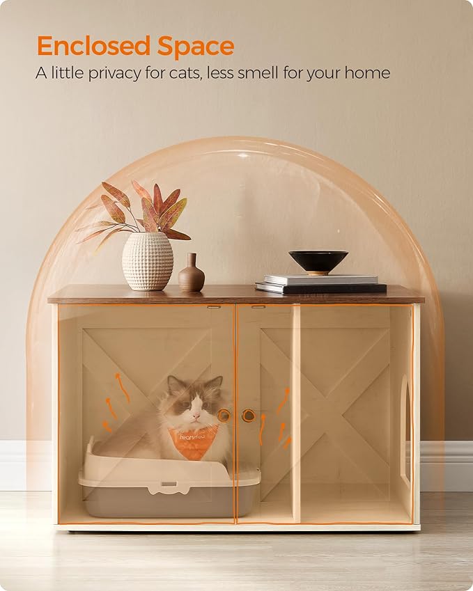 Feandrea Cat Litter Box Enclosure, Litter Box Furniture Hidden with Removable Divider, Indoor Cat House, End Table, 31.5 x 20.9 x 19.7 Inches, Honey Brown and Rustic White UPCL002P01-Mewly Pet