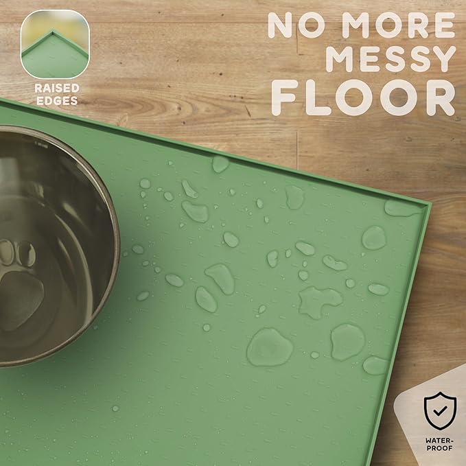 Dog Food Mat - 28x18 Raised Edges Dogs Mat for Food and Water Prevent Spill, Waterproof Cat Food Mats Protect Floors, Easy Clean Dog Bowl Mats for Food and Water, Silicone Pet Feeding Placemats Green-Mewly Pet