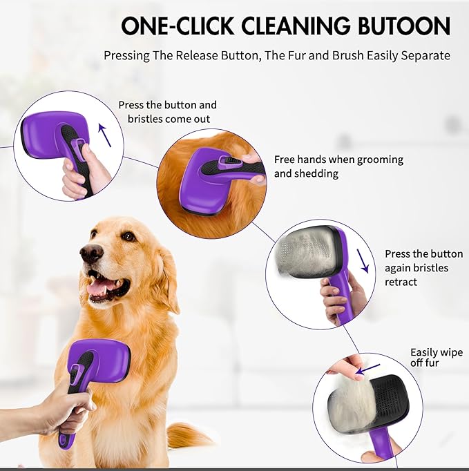 3 PCS Dog Grooming Brush Kit – Self Cleaning Slicker Brush for Shedding Short & Long Haired Dogs & Cats. Removes Loose Fur, Undercoat, Mats, Tangles for Small, Medium & Large Pets. Purple-Mewly Pet