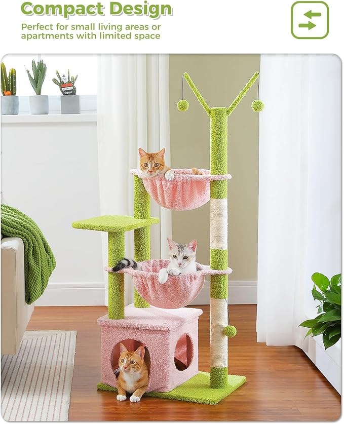 Pink Cat Tree, 47.6" Cat Tower with 2 Metal Frame Hammock, Cat Scratching Post for Indoor Cats with 2 Removable Pompom Sticks for Kittens, Pink-Mewly Pet