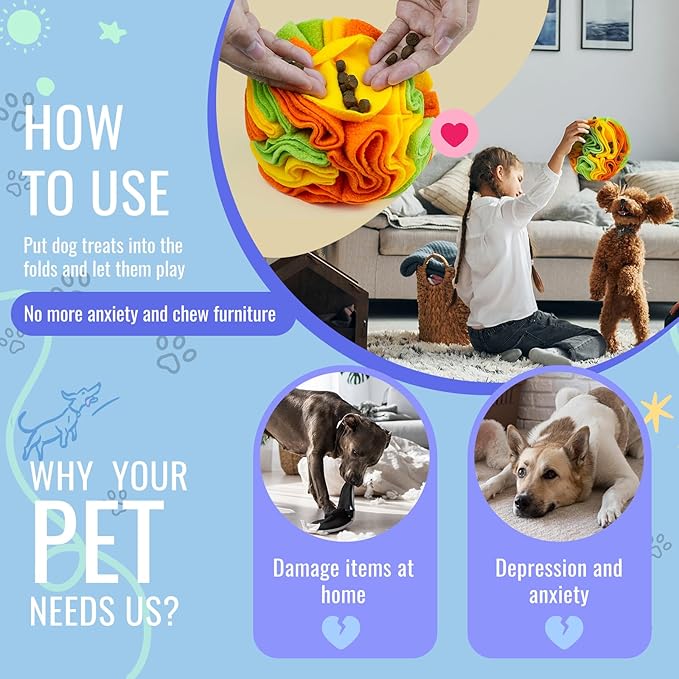 Pet Snuffle Ball, Puzzle Sniffing Interactive Dog Ball for Blind Dogs Training Stress Relief Dog Enrichment Toys Treat Machine Washable (15cm, Yellow Orange Green)-Mewly Pet