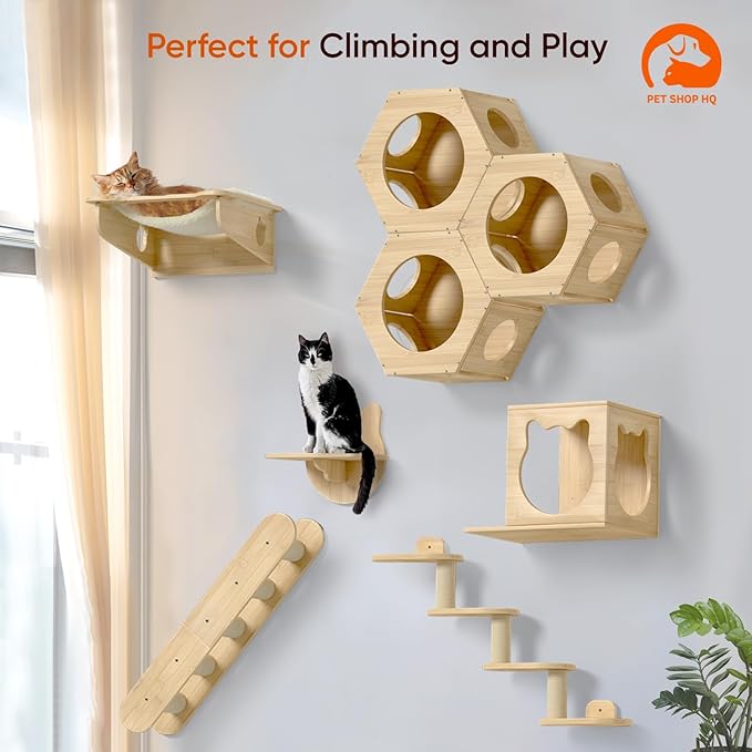 Cat Wall Furniture - Climbing Shelves, Ladders, Hammock & More - Bamboo Material - Light Brown - Cat House, Shelves, Perches, Hammock, Bed, Bridges, Walkways-Mewly Pet