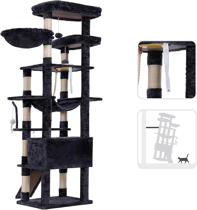 Heybly Tall Cat Tree, 78-inch Multi-Level Cat Tower for Indoor Cats, 2 Widened Plush Perches Cat Condo with Scratching Board and Big Caves, Smoky Gray HCT033G-Mewly Pet