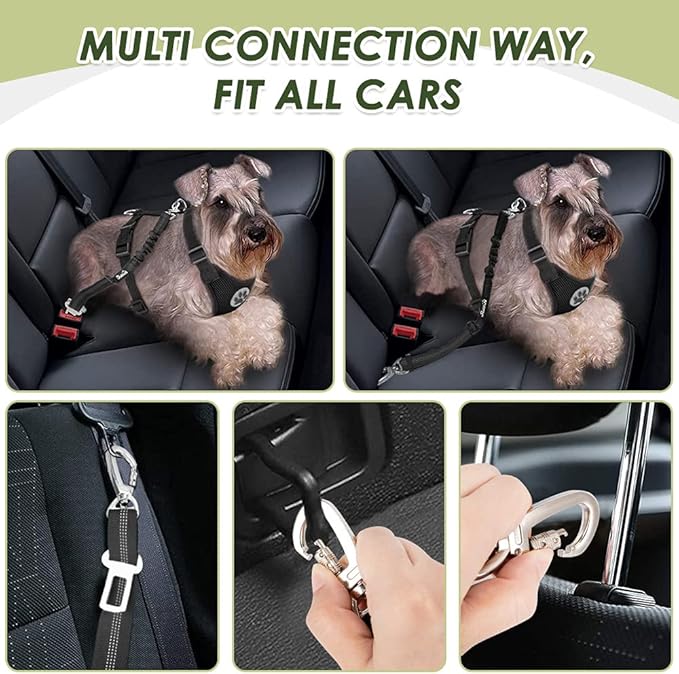 SlowTon Dog Seat Belt Harness for Car, Dog Car Harness Adjustable Mesh Breathable & Dog Seatbelt Safety Tether with Elastic Bungee for Small Medium Large Pets(Black, Double Clip, XS)-Mewly Pet