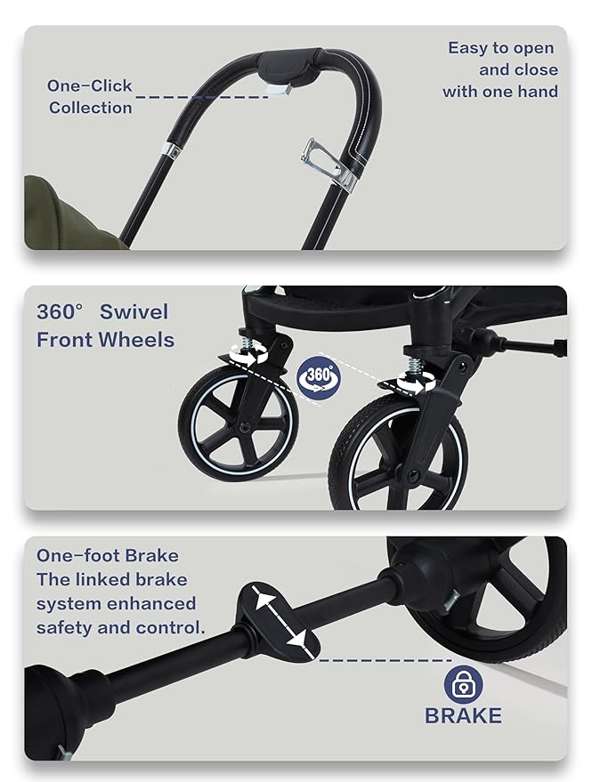 JK Pawadore 4 Wheels Pet Stroller Best Lightweight Foldable Portable Secure Easy Lock NO-Zip 180 ̊ Canopy Sun Shades Waterproof for Small/Medium Dogs 33lbs with Large Storage Basket (Khaki)-Mewly Pet