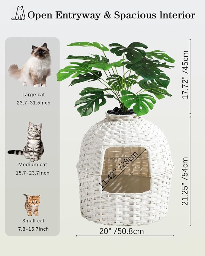 Cat Litter Box Plant Enclosure, Hidden Handwoven Rattan with Cat Litter Box Furniture and Artificial Plants, Odor Control Filter, Real Stones in Living Room, Bedroom, Corner (White)-Mewly Pet