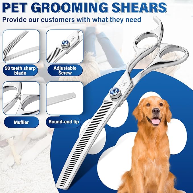 JASON 7" Curved Thinner Dog Scissors - Ergonomic Dog Grooming Scissors Silver Curved Blender Dog Shears 440C Stainless Steel Grooming Shears Professional Pet Shears For Groomer (50-Teeth)-Mewly Pet