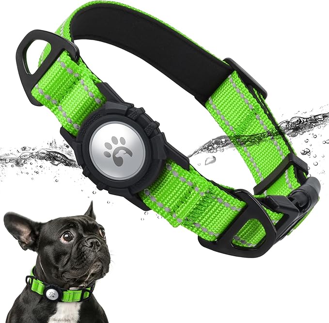 TagME Airtag Dog Collar,Waterproof Reflective Pet Collar with Airtag Holder,Soft Padded and Double D-Rings for Puppy,Green-Mewly Pet