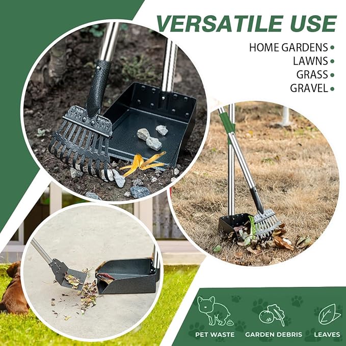 Pooper Scooper, Long Handle Dog Pooper Scooper, Heavy Duty Stainless Steel Rake with Tray & Spade Set for Pet Waste Removal, for Grass, Dirt or Gravel - Green-Mewly Pet