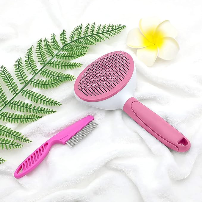 Cat Brushes for Indoor Cats, Dog Brush for Shedding with Metal Cat Comb, Self Cleaning Pet Hair Brush with Release Button for Grooming Kitten(Pink)-Mewly Pet