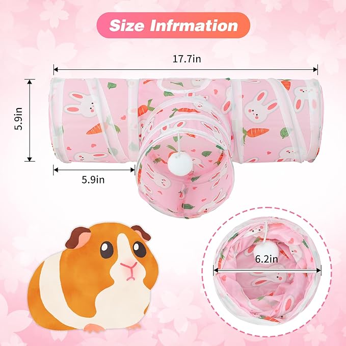 Rypet Guinea Pig Tunnel 3 Way Collapsible Small Pet Tunnels and Tubes with Interactive Ball for Baby Rabbit Ferret Hamster Chinchilla Hedgehog Hiding and Resting-Pink-Mewly Pet