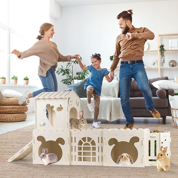 Extra Large Rabbit House, Wooden Bunny House Hideout with 4 Houses and Hay Feeder Indoor, Rabbit Guinea Pig Hideout Multistory Climbing Tower Sturdy Wooden Castle, Small Animal Hideaway Tunnel-Mewly Pet
