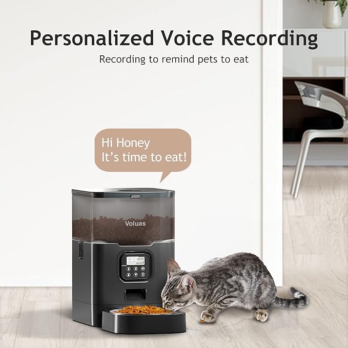 VOLUAS Automatic Cat Feeders - Pet Dry Food Dispenser with Timer, Automatic Cat Feeders with Desiccant Bag, Programmable Portion Size Control 4 Meals Per Day, 10s Voice Recorder-Mewly Pet