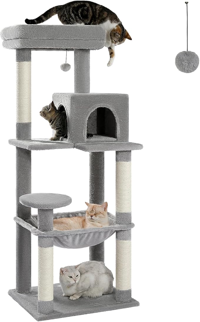 Cat Tree for Large Cats Adult with Metal Plush Big Hammock, 56.3" Cat Tower with 2 Door Condo House, 6-Tier Cat Shelves with Scratching Posts and Large Top Perch, Gray-Mewly Pet