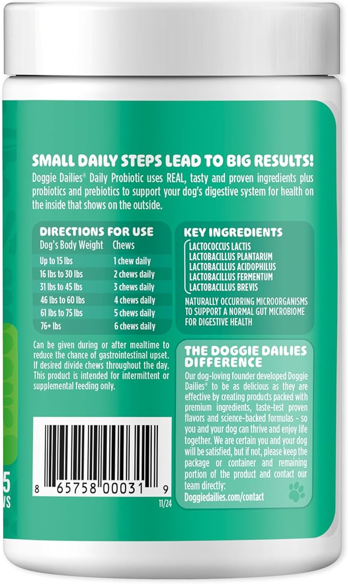 Doggie Dailies Probiotics for Dogs, Advanced Probiotics with Prebiotics, Promotes Digestive Health, Supports Immune System & Overall Health, Duck Flavor, 225 Chews-Mewly Pet