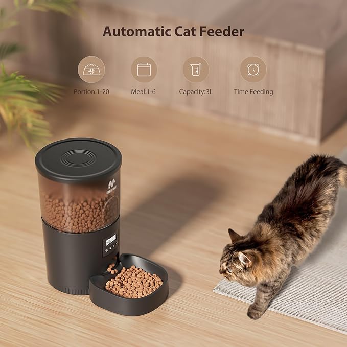 Automatic Cat Feeders, 3L Timed Cat Dry Food Dispenser, Dual Power Supply, Programmable Portion Size, 1-6 Meals Per Day, Auto Pet Feeder for Cats and Small Dogs-Mewly Pet