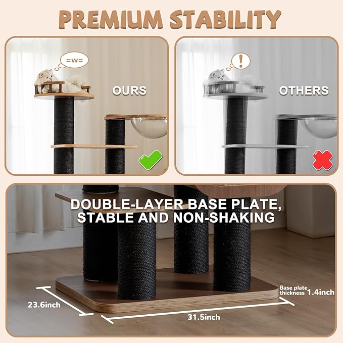 70.8'' Tall Luxury Cat Tree,All i,ne One Black Walnut Wood Modern Cat Tower for Indoor Large,Huge Multi-Level Cat Furniture with Scratching Posts,Condo,Cushion,Clear Bowl,Platform for Home Decoration-Mewly Pet