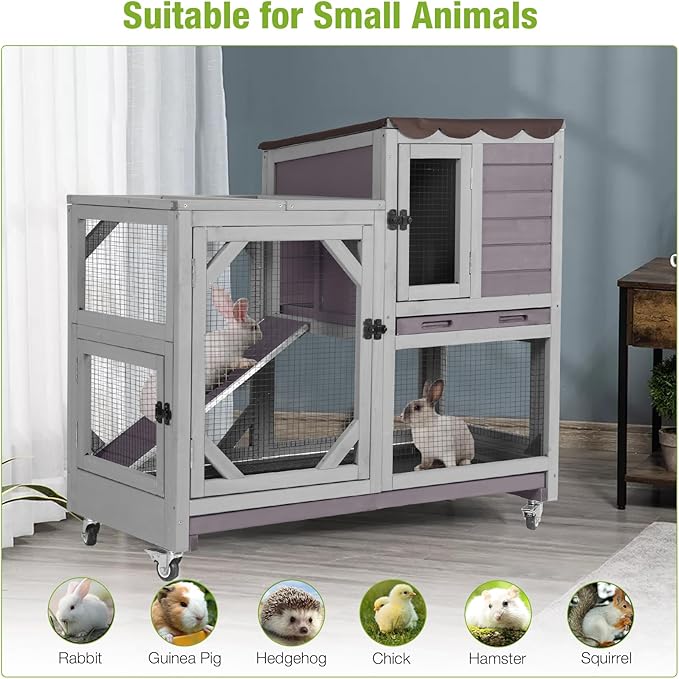Wooden Rabbit Hutch with Two Story, Bunny Cage with Leak-Proof Trays, and Chew-Proof Ramp, Guinea Pig Cage with Wheels, Suitable for Indoor/Outdoor Use (Grey)-Mewly Pet