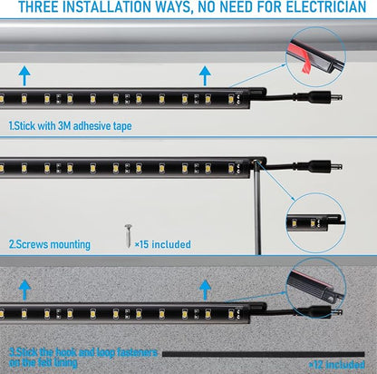 TORCHSTAR LED Safe Lighting Kit, (6) 12 Inch Linkable Light Bars + Motion Sensor + UL Power Adapter, 900LM, Input 100-240V, for Under Cabinet Gun Safe Locker Closet Showcase, 3000K Warm White