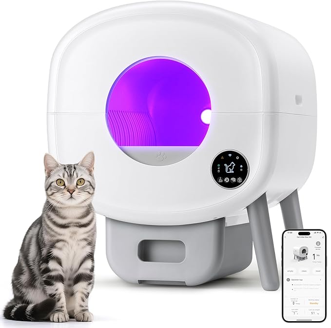 Self Cleaning Litter Box,Large Capacity Automatic Cat Litter Box Self Cleaning for Multiple Cats with App Control and Safety Protection,2 Roll Litter Bags,White-Mewly Pet