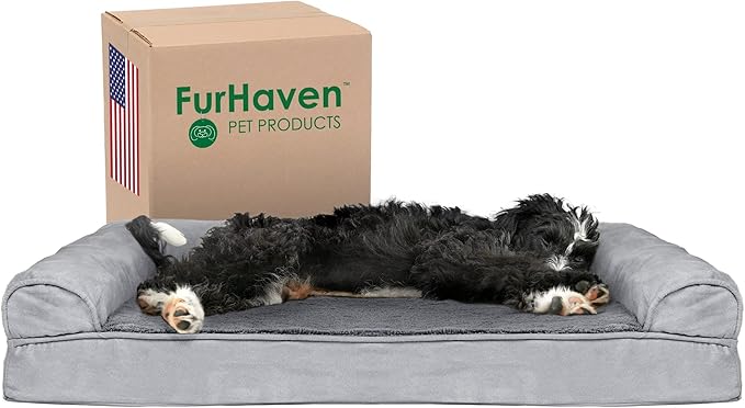 Furhaven Cooling Gel Dog Bed for Large/Medium Dogs w/ Removable Bolsters & Washable Cover, For Dogs Up to 55 lbs - Plush & Suede Sofa - Gray, Large-Mewly Pet