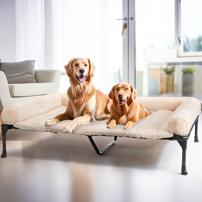 Veehoo Cooling Elevated Dog Bed with Fluffy Plush Bolster Cushion, Indoor Raised Dog Beds for Large Dogs, Soft Pet Sofa Cot with Removable Washable Mat, No-Slip Feet, 59 x 37 inches, Cream White-Mewly Pet