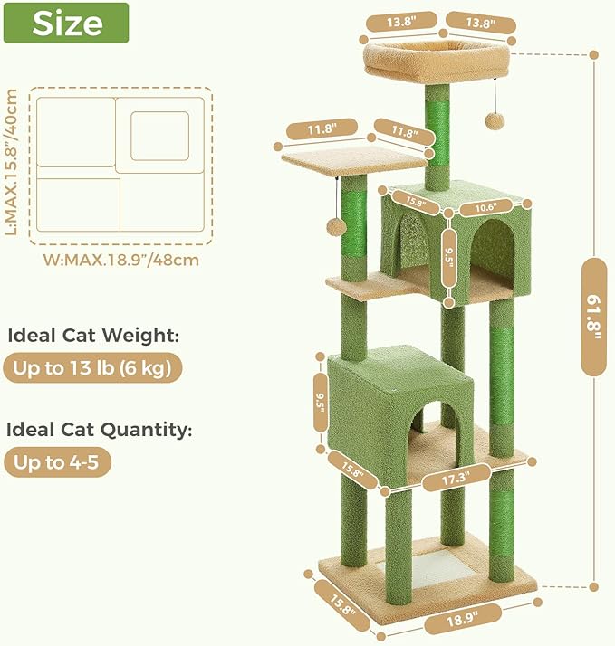 Cactus Cat Tree, 62-Inch Large Cat Tower for Multi-Cat Households w/Scratching Posts, Multi-Level Condo w/Cozy Top Perch & Scratching Pad, Padded Platform, 2 Pompoms, Green-Mewly Pet