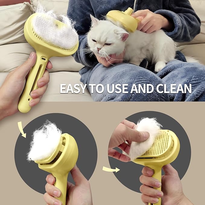 3 In 1 Steamy Brush with Release Button and Tank, Anti-Static Pet Brush for Long and Short Hair Pets to Remove Tangles and Loose Fur (Yellow)-Mewly Pet