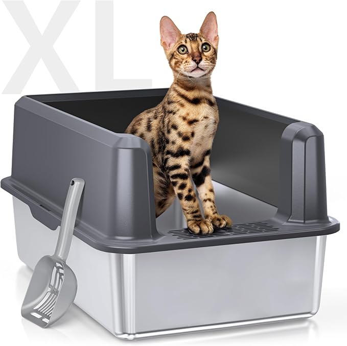 Enclosed Stainless Steel Cat Litter Box with Lid, XL Extra Large Litter Box for Big Cats, Metal Litter Pan High Sided, Never Absorbs Odors, Anti-Urine Leakage, Easy Cleaning, Include Scoop-Mewly Pet