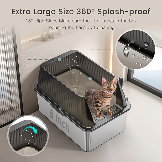 Tripamin 15” XL Stainless Steel Cat Litter Box Enclosure, XXL Stainless Steel High Sides with Lid, Extra Large Metal Cat Litter Box (Translucent Black, XX-Large)-Mewly Pet