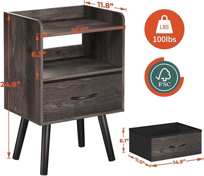 Yoobure Night Stand with Fabric Drawer, Modern Nightstand, Bedside Tables, Mid Century Nightstands with Open Storage Shelf, Wood Bedside Table, Small Night Stands for Bedrooms, 2-Tier Night Table