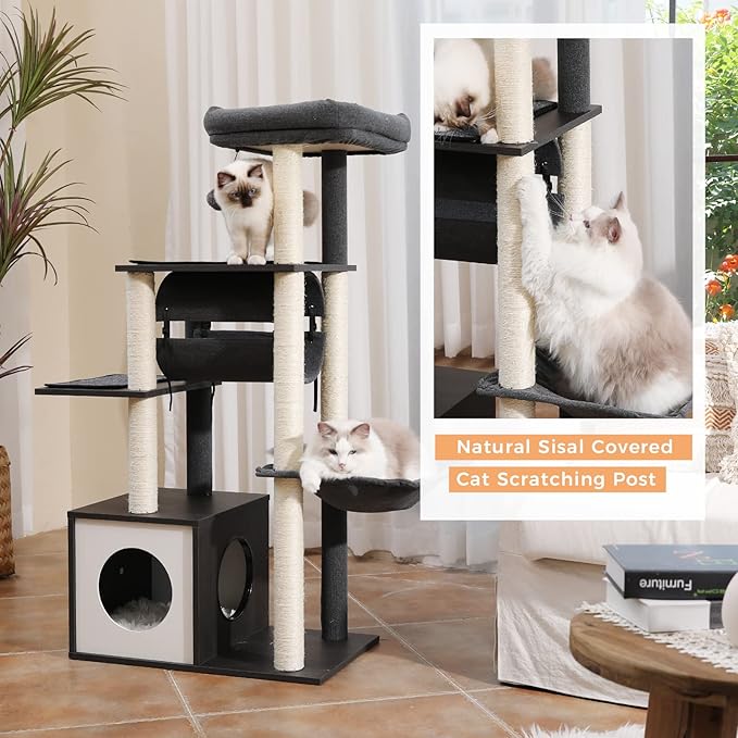 PEQULTI 51.4 Inches Modern Cat Tree Premium 6 Levels Wooden Cat Tower with Fully Sisal Covered Scratching Posts, Cozy Condo, Spacious Perch, Super Large Hammock and Swing Tunnel for Indoor Cats Gray-Mewly Pet