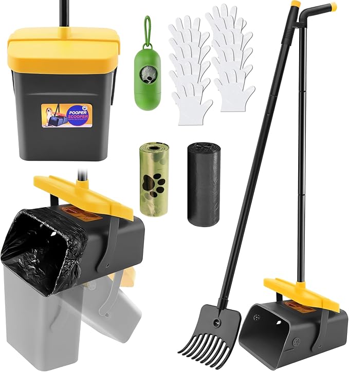 LANNEY Pooper Scooper - 46" Long Adjustable Handle Dog Pooper Scooper, Swivel Bin, Rake and 35 Waste Bag, Heavy Duty Poop Scooper for Large Medium Small Yard Dog Pet-Mewly Pet