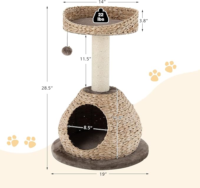 Tangkula Modern Cat Tree, Small Cat Tower with Natural Sisal Scratching Post, Hand-Made Wicker Cat Condo & Top Perch, Funny Hanging Toy Ball, Cute Cat Tree Tower for Indoor Cats-Mewly Pet