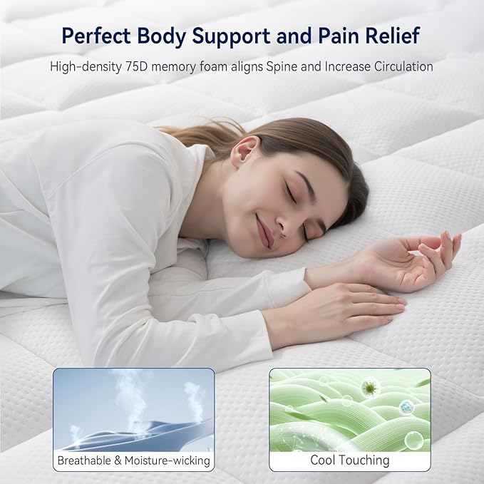 ELEMUSE Full Size Dual Layer 3 Inch Memory Foam Mattress Topper, 2 Inch Cooling High Density Memory Foam Bed Pad and 1 Inch Plush Feel Pillow Top Mattress Topper Cover for Back Pain Relief