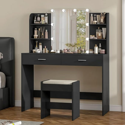 usikey Vanity Desk with Mirror and Lights, Vanity Makeup Table Set with 2 Drawers & 6 Open Shelves, Makeup Vanity Desk Dressing Table with Cushioned Stool, Black