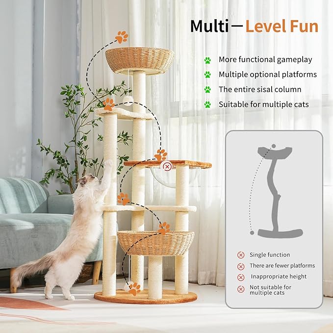 Modern Cat Tree Tower,Hand-Woven Ma Teng cat nest, Sisal-Covered Scratching Posts for Indoor Cats, Multi-Level Cat Condo with Space Capsule Nest, Tall Cat Tree for Multiple Large Cats-Mewly Pet