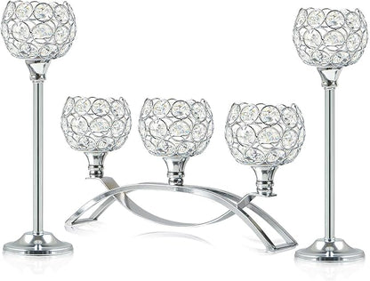 Crystal Tealight Candle Holder Centerpiece Home Decorative Candlestick Holder Elegant Table Centerpiece Home Decor Wedding Party Anniversary (Silver, Set of 3)