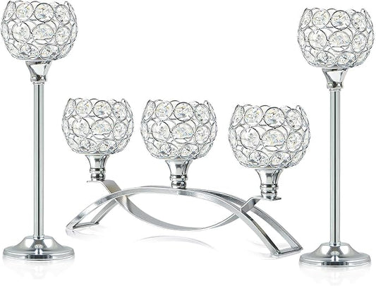 Crystal Tealight Candle Holder Centerpiece Home Decorative Candlestick Holder Elegant Table Centerpiece Home Decor Wedding Party Anniversary (Silver, Set of 3)
