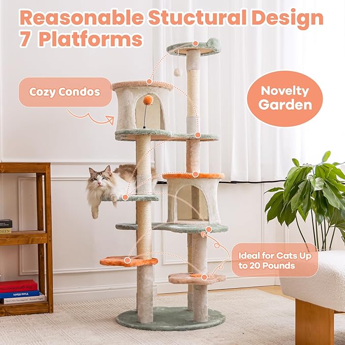 HYABi 63-inch Cat Tree for Large Cats, Multi-Level Flower Tower with Condo, Sisal Scratching Posts & Toy Balls, Sturdy & Safe Indoor Playhouse-Mewly Pet