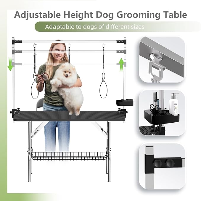 VFK 47'' Large Dog Grooming Table Stainless Steel Foldable Grooming Table for Dogs at Home Adjustable Height Arms Pet Station with Nooses, Mesh Tray, Tool Organizer-Mewly Pet