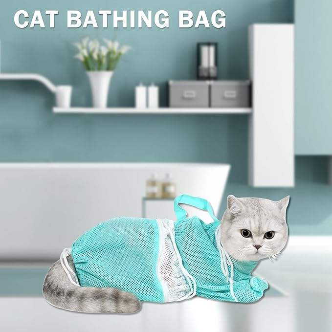 JULMELON Cat Washing Bag 10 PCS Set, Adjustable Cat Shower Net Bag and Pet Grooming Brush with Nail Clipper Nail File Hair Combs Tick Tool Nail Caps for Bathing Nail Trimming Examination（Grey+Green）-Mewly Pet
